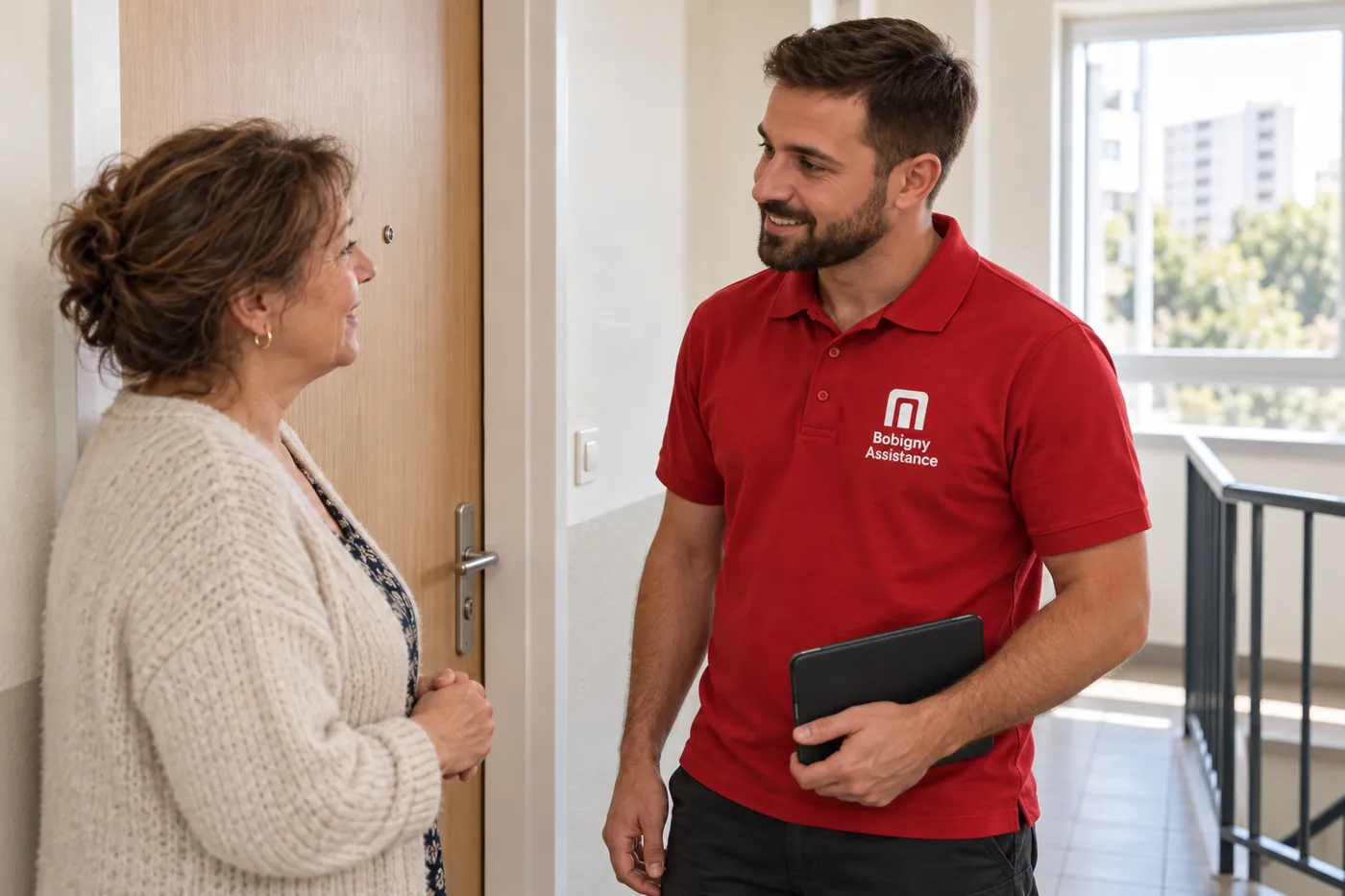 Serrurier Bobigny Assistance en polo rouge échangeant avec une habitante sur le palier d'un immeuble