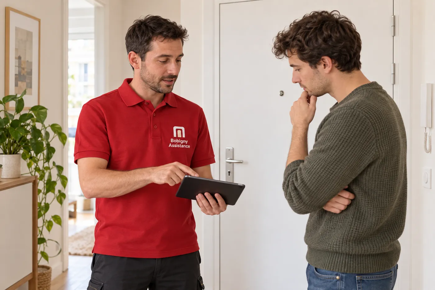 Serrurier présentant son diagnostic sur tablette à un habitant dans l'entrée d'un appartement